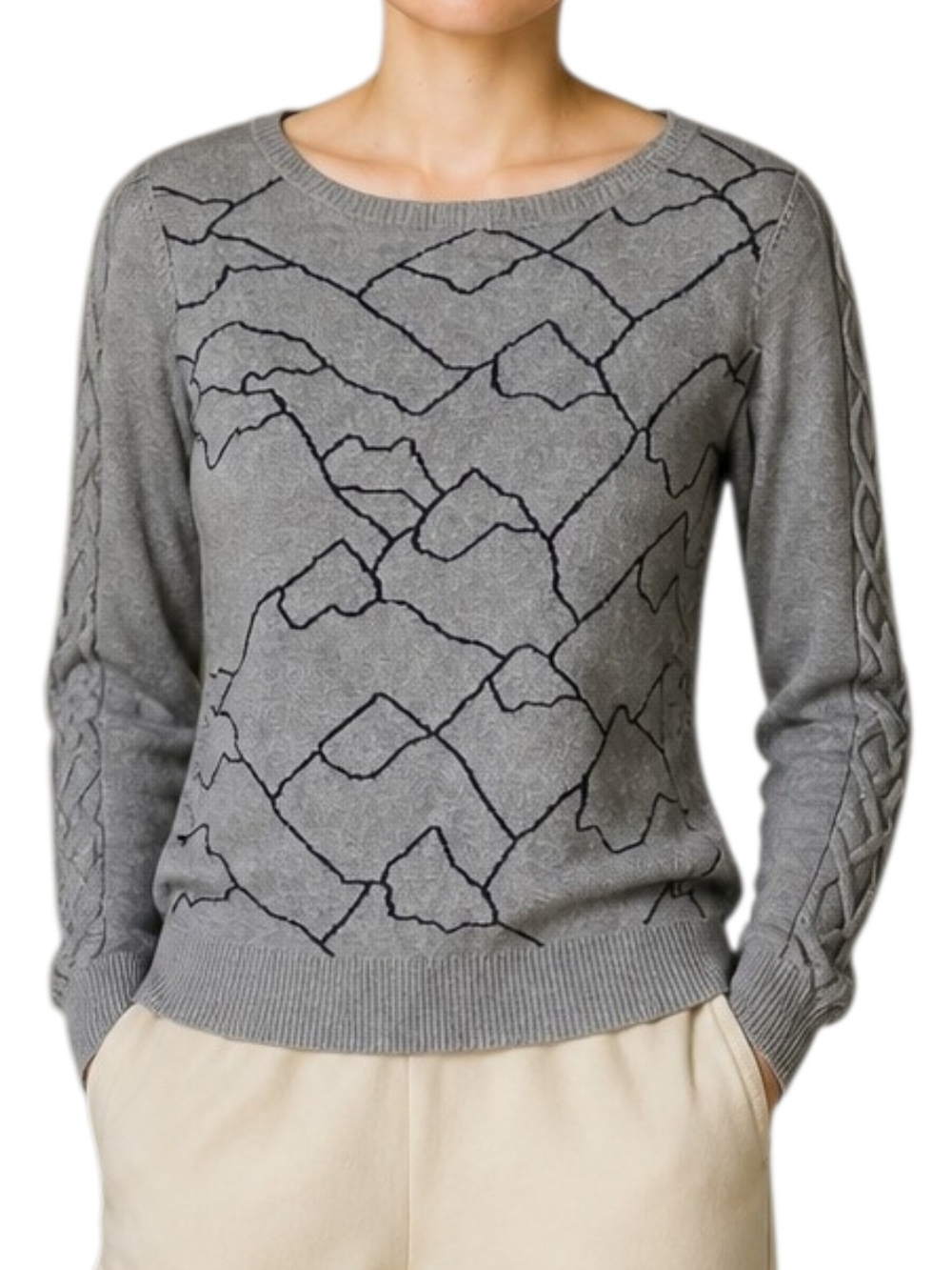 Quiksilver 100% Cotton Gray Crewneck Sweater with Black Abstract Stitching